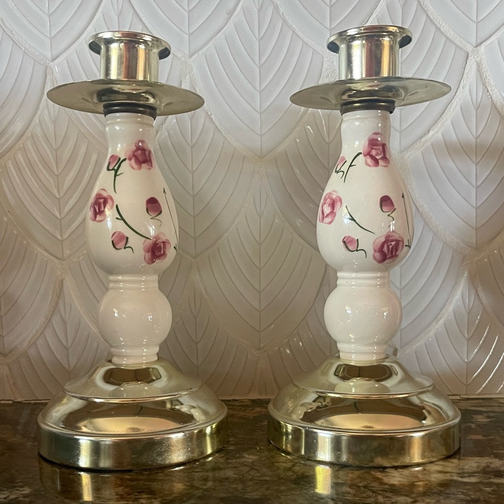 Home Interiors 1990s Candle Sticks Grandmacore Cottagecore Ceramic and Enamel